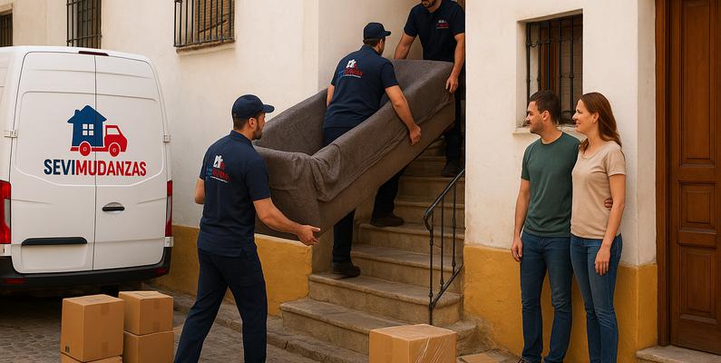 Familia y profesionales bajando muebles grandes por una escalera en un edificio antiguo de Sevilla sin ascensor, utilizando protecciones y materiales de embalaje adecuados